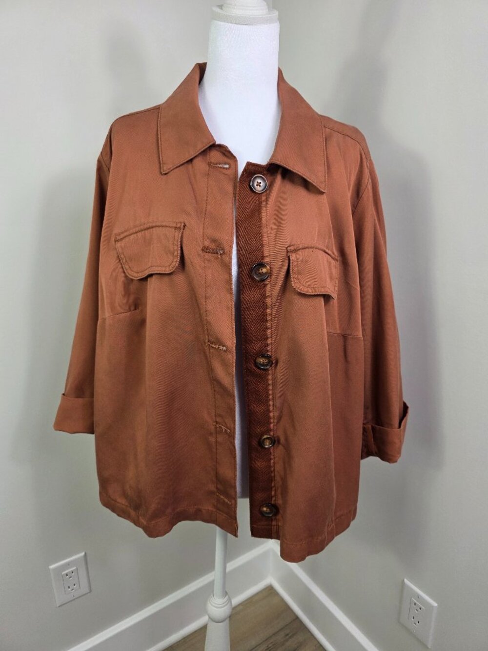 Lane Bryant Soft Twill Button-Front Jacket Brown Size 12 NWOT Pockets Classic
